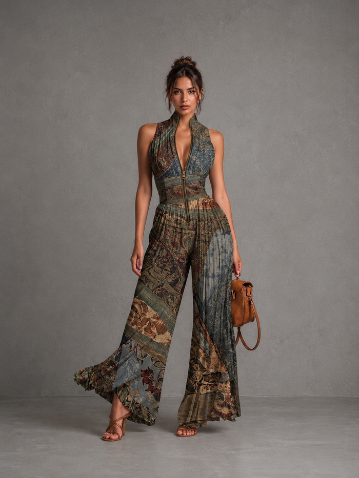 Rosário - Mono de gasa de corte largo com pregas, sem mangas, fecho e estampado étnico boémio para Mulher