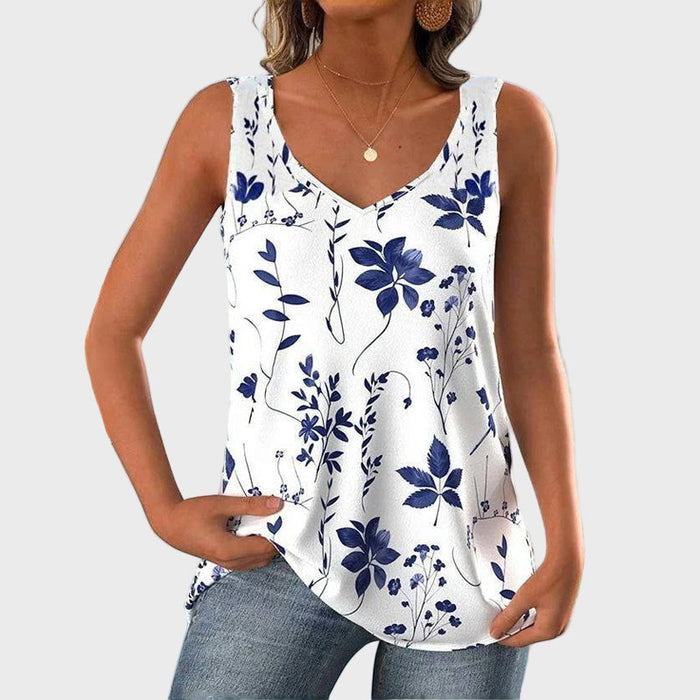 Ærmeløs bluse med blåt blomsterprint