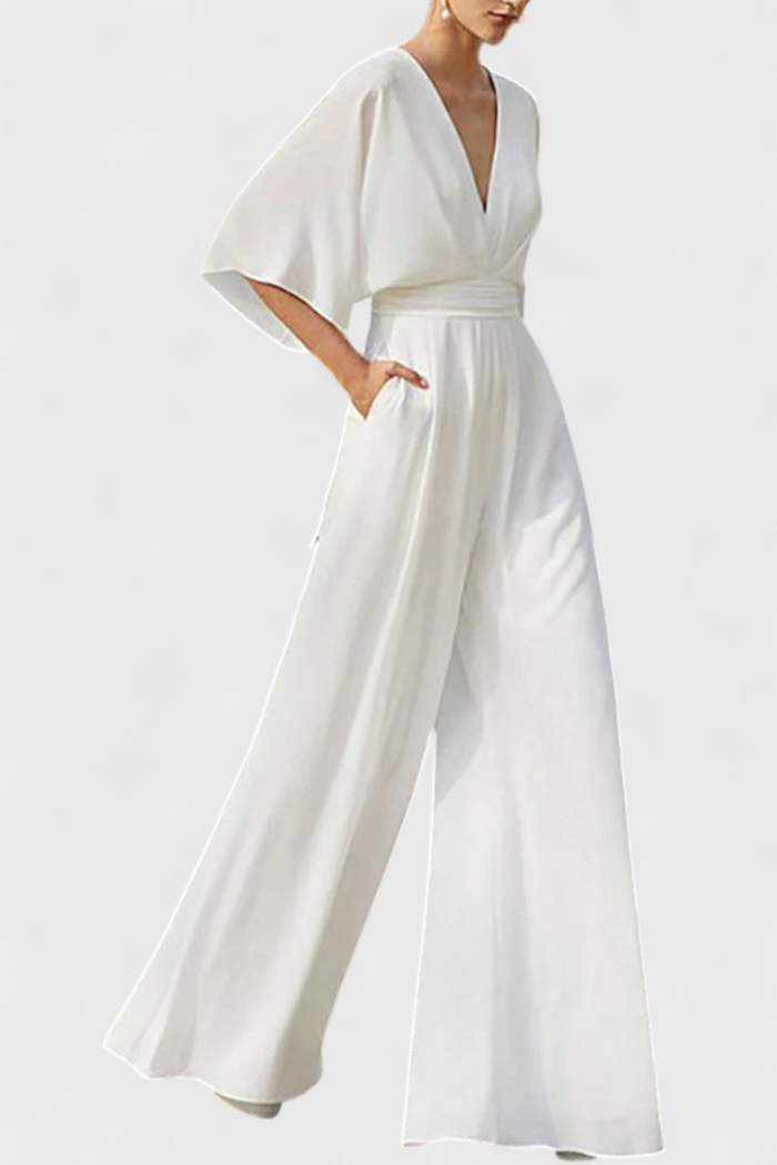 Sara - Elegant lang jumpsuit med vide ben og V-hals