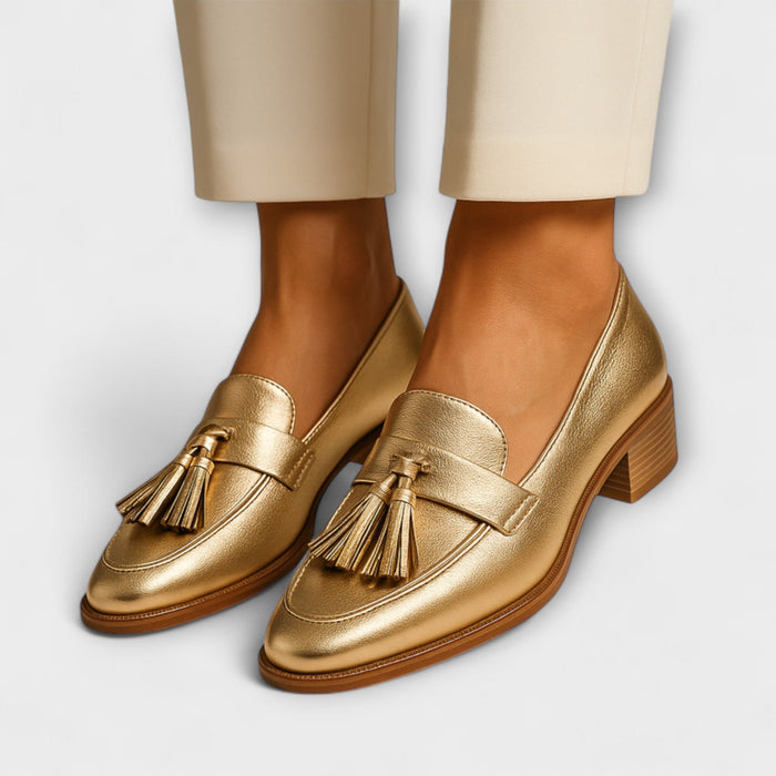 Guldfarvede loafers med frynser