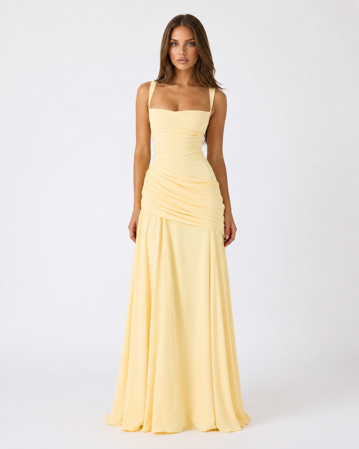ENIE | Vestido Maxi com Decote Quadrado Drapeado para Mulher