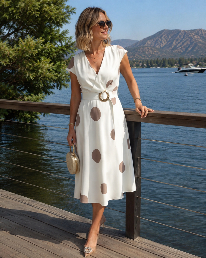 Lorena - Vestido midi para mulher com bolinhas e decote em V