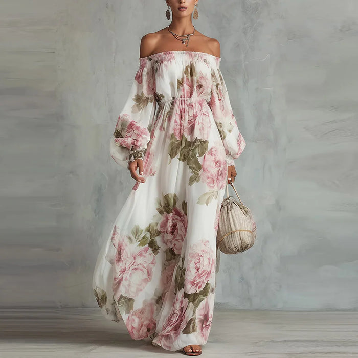 Pivoine | Vestido Maxi Floral com Ombros Descobertos, Mangas Longas para Mulher