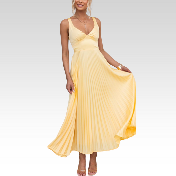 Aby | Vestido longo amarelo plissado com decote em V