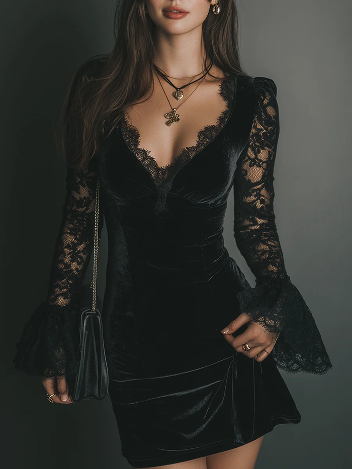Maria D´ouro | Vestido mini em veludo e renda Luna