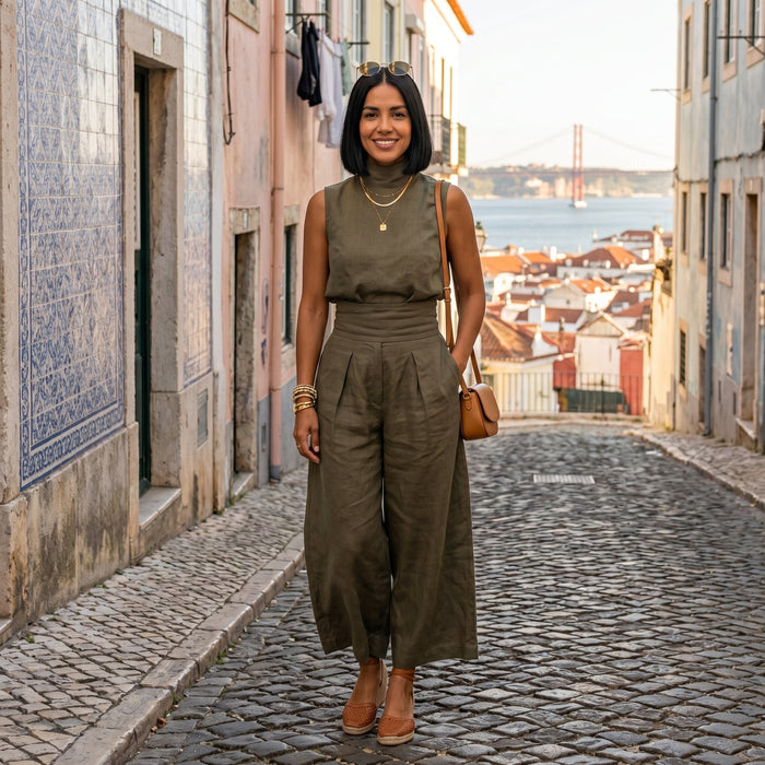 Cidália | Conjunto de Linho Premium com Gola Alta e Calças Wide Leg