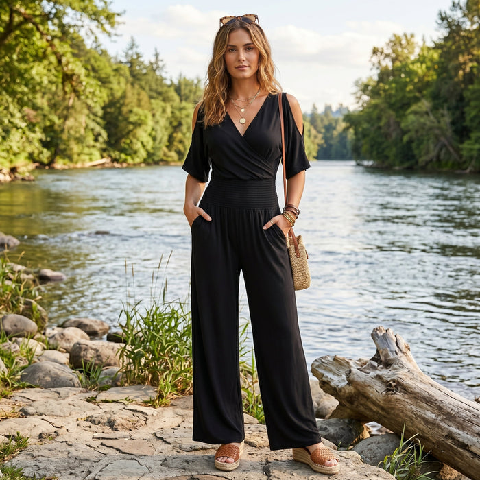 Núria | Flydende Jumpsuit med Krydset Halsudskæring