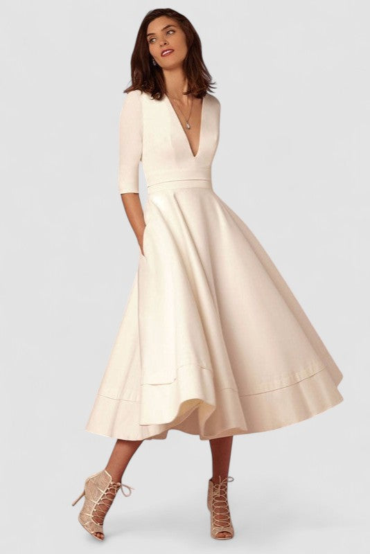 Laura | Vestido Midi Femenino Con Corte En A, Escote En V