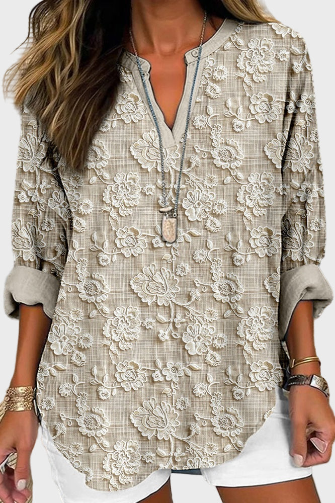 Bluse med blomsterprint i jordfarver