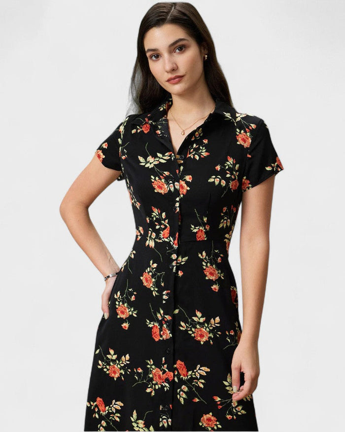 Gry - Sort midikjole med blomsterprint