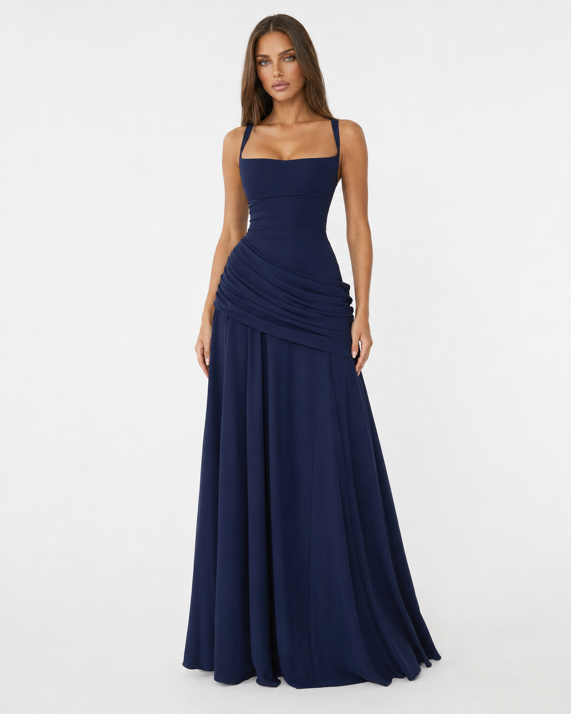 ENIE | Vestido Maxi com Decote Quadrado Drapeado para Mulher