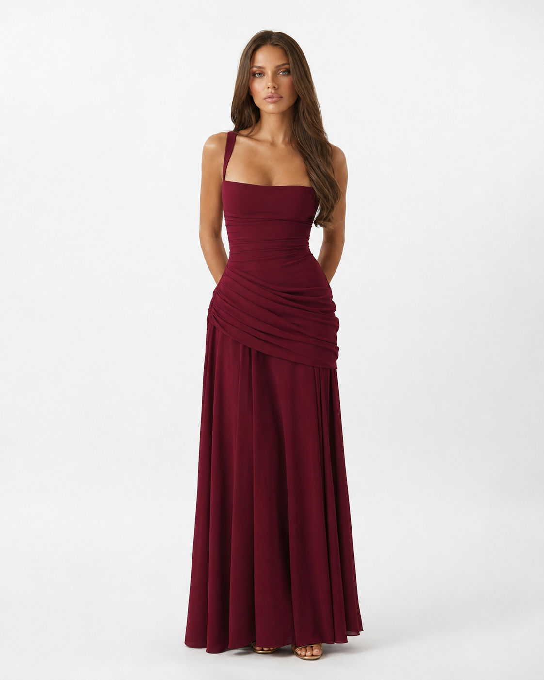 ENIE | Vestido Maxi com Decote Quadrado Drapeado para Mulher