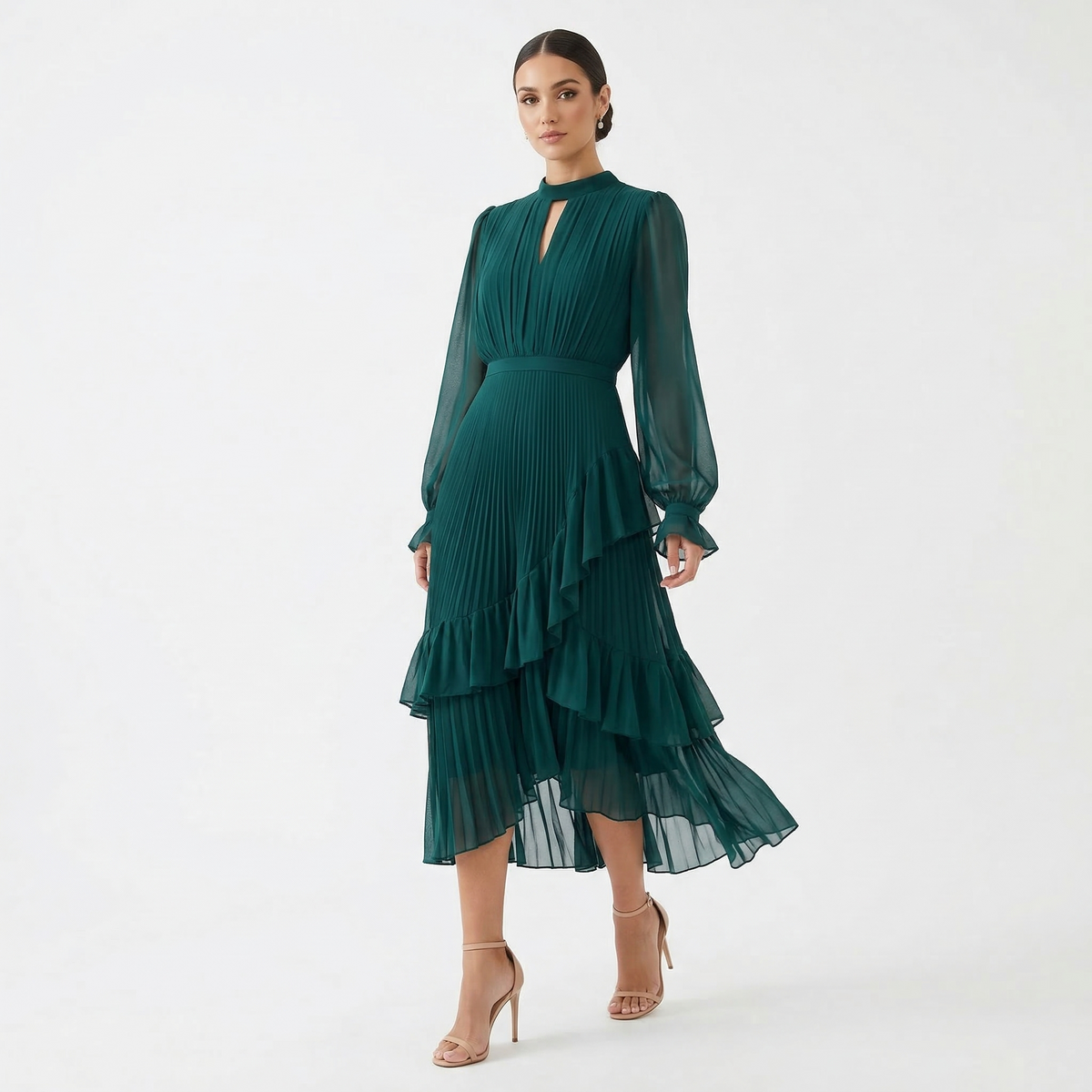 Rosana | Vestido Plissado com Mangas Fluídas e Folhos Assimétricos