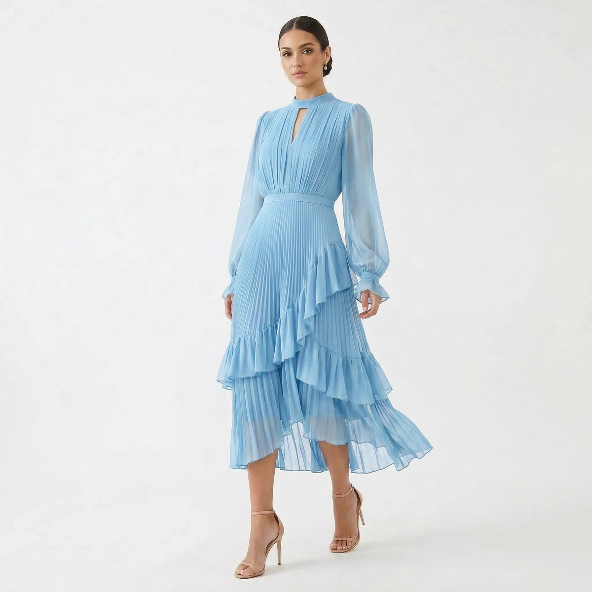 Rosana | Vestido Plissado com Mangas Fluídas e Folhos Assimétricos