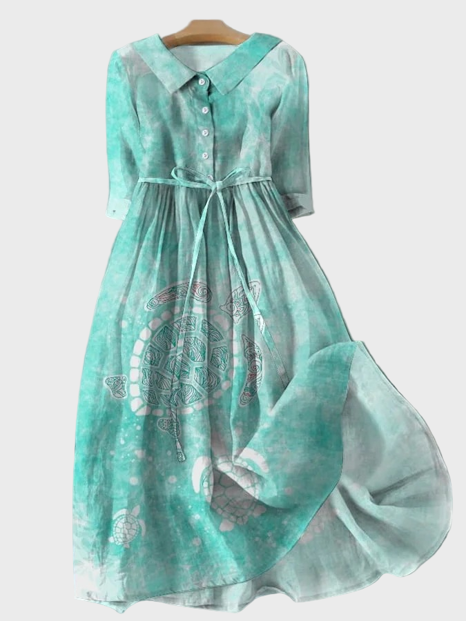 Vestido Turquesa con Estampado de Tortuga Marina