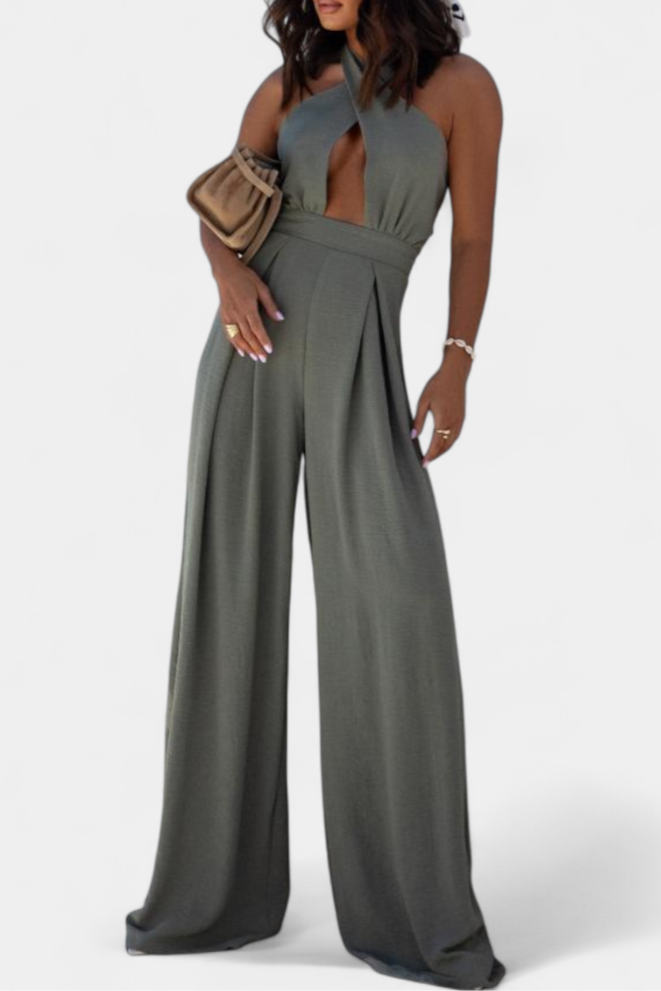 Johanne - Rygløs halterneck-jumpsuit med vide ben