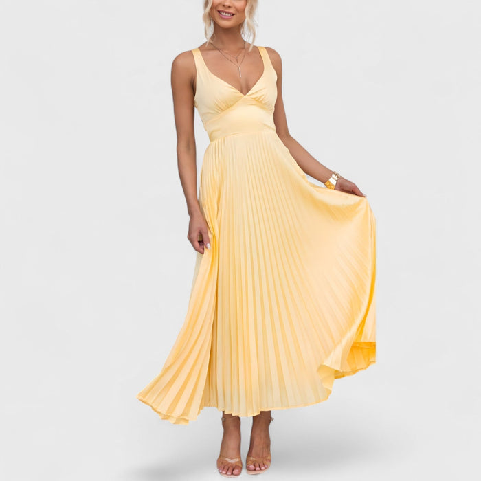 Énora | Vestido amarelo plissado com decote em V