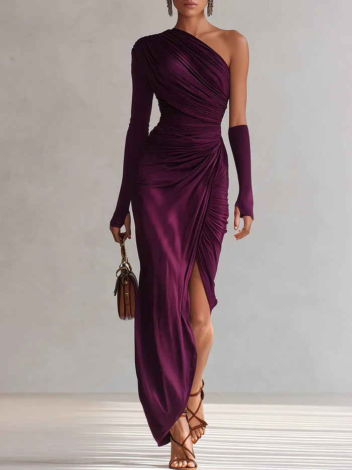 Maria D´ouro | Elegante vestido maxi roxo a ombro único