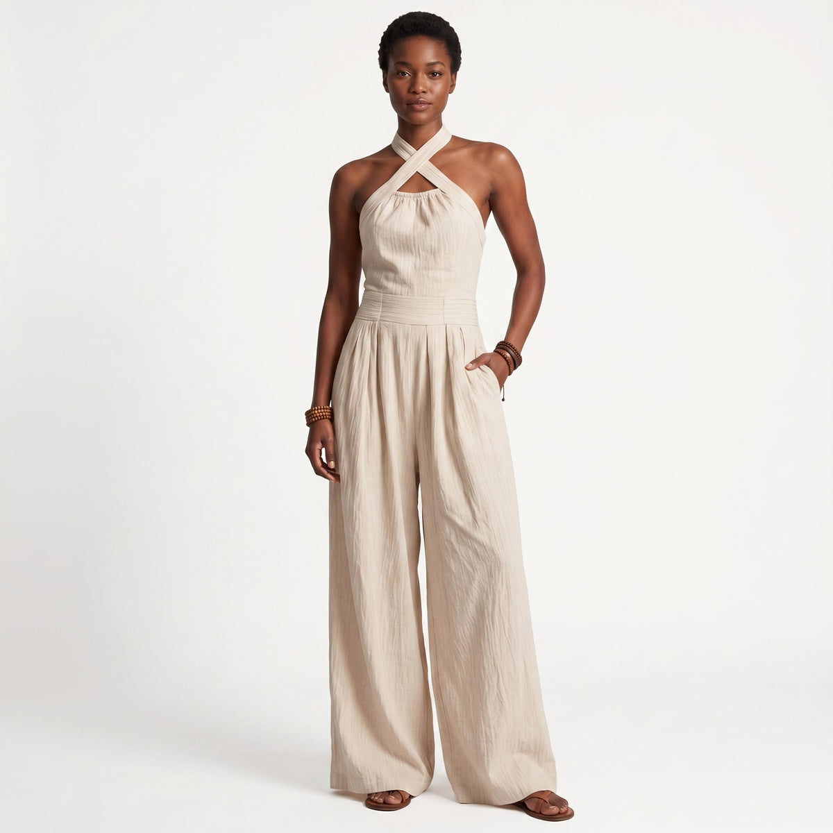 Cidália | Struktureret Jumpsuit med Krydset Halterneck