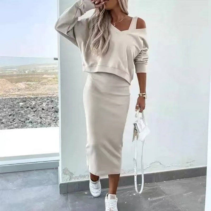 Erna - Terno de duas peças com blusa de manga comprida e saia midi