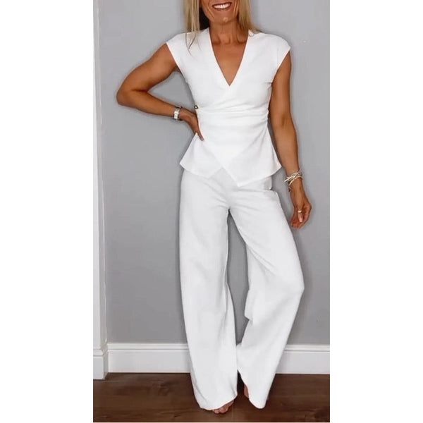 PALMIRA | Conjunto elegante de blusa com decote em V e calça solta para conforto diário